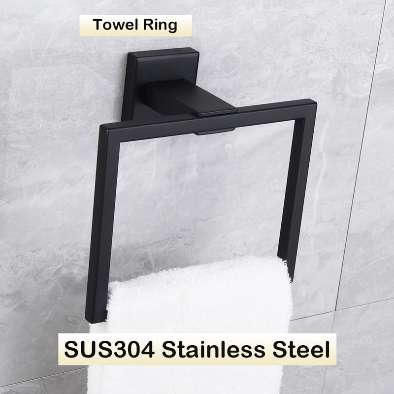 Matte Black Hand Towel Holder for Bathroom SUS 304 Stainless Steel Towel Ring Simple Square Towel Hanger Heavy Duty Hand Towel Racks Wall Mount