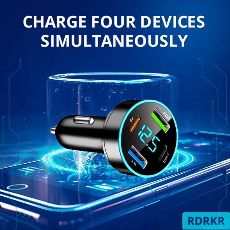 66W Car Charger Cigarette Lighter USB Charger, 4-Port Car Charger, 2 * USB 2.4 +PD+Type C Cigarette Lighter AdapterVoltmeter Compatible with Samsung/iPhone and other Android and iOS Devices