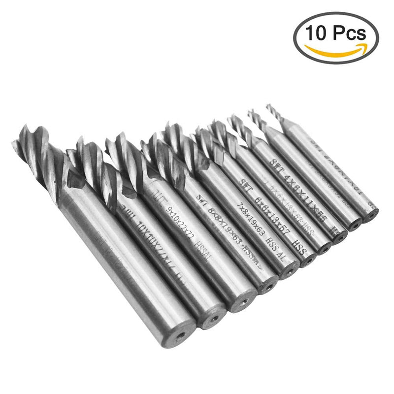 Afunta Drill Bits/End Mill with 4 Flutes 2-12mm (0.08-0.47") High Speed Steel Straight Shank Tool Set for Wood Aluminum Steel Titanium CNC Milling 10pcs