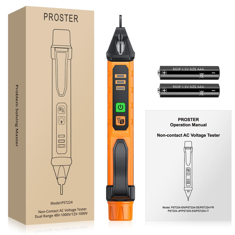 Proster Non-Contact Voltage Tester with Dual Range 12-1000V/48-1000V Adjustable Sensitivity AC Voltage Tester Pen & LED Flashlight