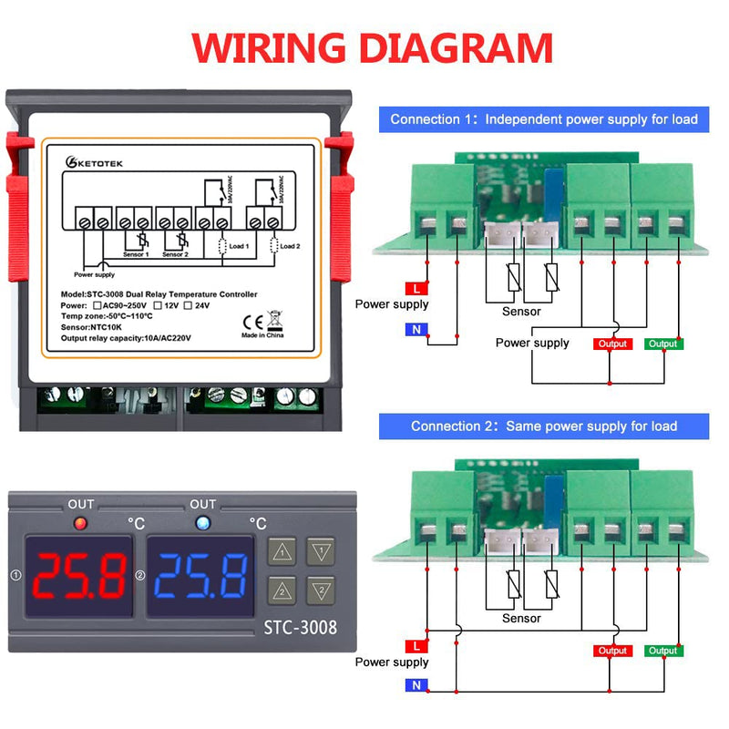 KETOTEK Digital Temperature Controller with 2 Sensors 230V 220V, STC 3008 Thermostat Temperature Switch Heating Cooling Temperature Controlled Controller Relay AC 220V Relay Output