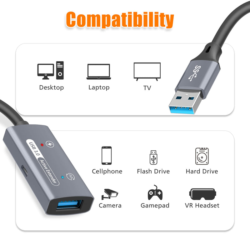 AGVEE 66ft / 20m USB 3.0 Active Extension Cable, USB3.0 Male to Female Extender Repeater Ultra Extra Long Signal Booster Cord for 2.5" 3.5" Hard Drive, Flash Driver, Mouse Keyboard, Printer, Gray