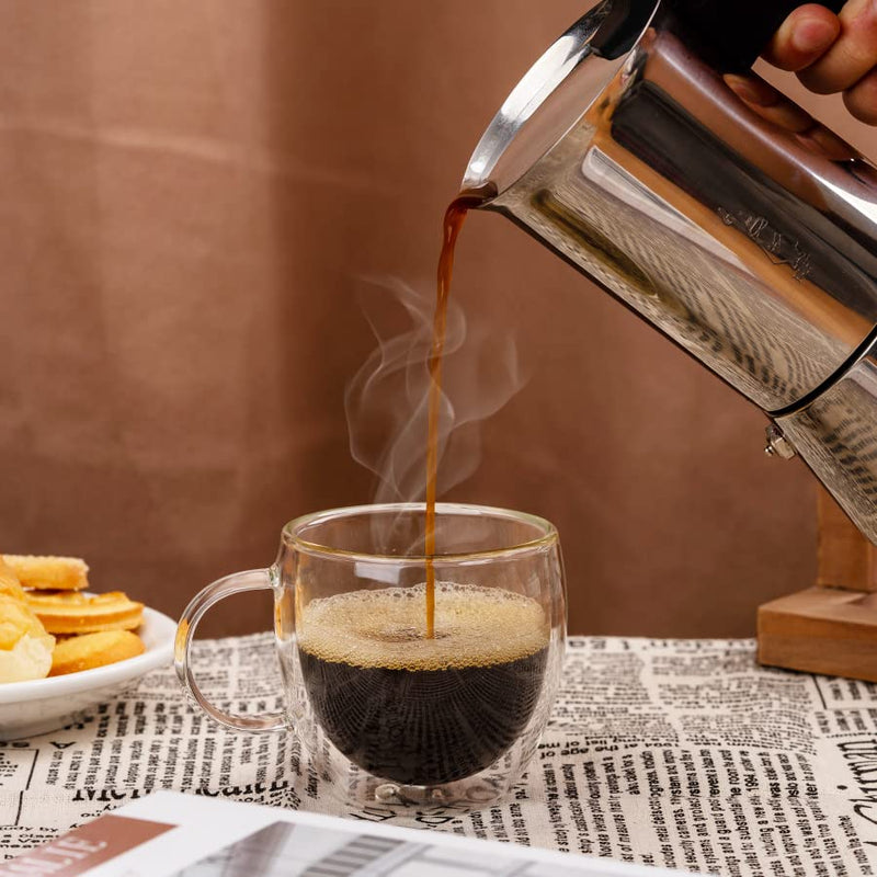 Double Wall Glass Espresso Cups 5oz/150ml, A set of 2, Thermo Insulated Borosilicate Glass Cups with Handle