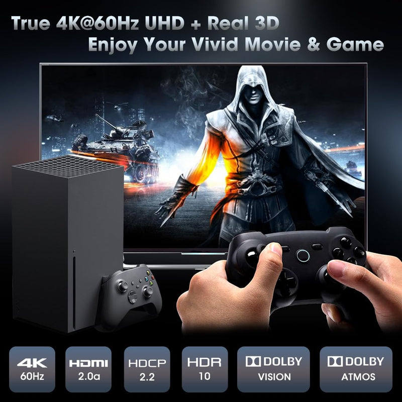 ROOFULL 5 Port 4K HDMI Switch with Remote 5 in 1 Out 4K@60Hz HDMI 2.0 Video Switcher Selector, Dolby Vision/Atmos Auto-Switching HDCP 2.2 HDR 10 CEC 18Gbps for PS5/4Pro Xbox Apple TV Black