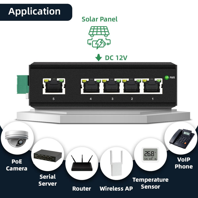 Industrial 5 Ports Gigabit POE+ Network Switch with DC12V-48V Input and DC48V IEEE802.3af/at 30W POE Output 120W Total for Solar Power/Truck/VoIP Systems/CCTV Security System 5port POE Gigabit Switch