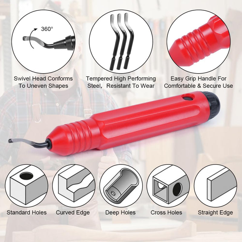 flintronic deburring tool universal, hand deburring tool with 10 replacement blades, 360° rotating blade cutting tool for 3D printers, plastic, aluminum and stainless steel (1 tool + 10 blades) #2 red