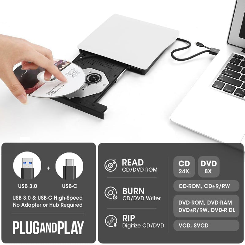 ROOFULL External CD DVD Drive for Mac Laptop, USB 3.0 & USB-C CD DVD Reader Writer Burner Player ROM/RW Portable Optical Disc Drive for Apple MacBook Pro, iMac, Windows 11/10/8/7 Computer PC, White 2 In 1 (White)