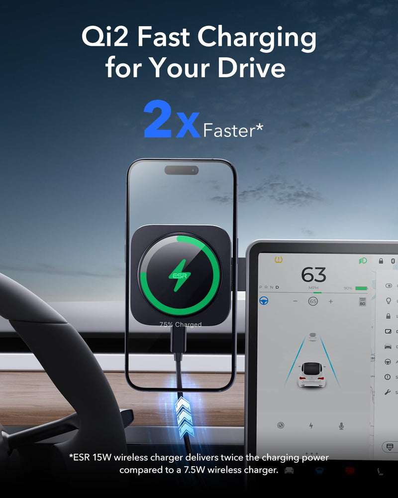 ESR for Qi2 15W MagSafe Car Mount Charger, Qi2-Certified Foldable Dashboard Wireless Car Charger, Tesla Touchscreen Magnetic Phone Holder Car Charger for iPhone 15 Pro Max Plus 14 13 12, Fast Charging