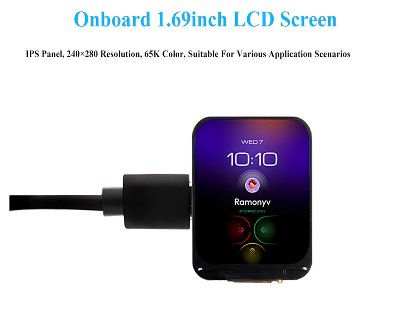 ESP32-S3 Development Board with 1.69inch IPS Display 240×280 Pixels 262K LCD,240MHz Dual-Core Processor, Accelerometer and Gyroscope Sensor, Support W-iF-i/Blue-Too th, Suitable for Various Scenarios