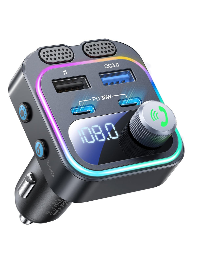 60W Bluetooth 5.4 FM Transmitter Car Adapter [Reinforced Dual Mics & Deep Bass] [Dual PD 60W & QC3.0] Fast Charging Handsfree Calling Wireless Radio Bluetooth Transmitter for Car [Black] Black