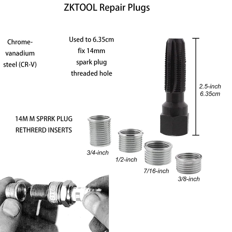 ZKTOOL 14mm Cylinder Head Rethreaded Kit, Spark Plug Thread Repair Kit,14mm Reamer Cylinder Thread Repair Tool,Spark Plug Rethreader Kit,4 Thread Insert. M14 x 1.25