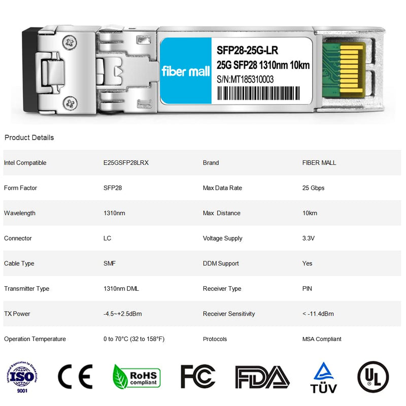 25G SFP28 LR for Intel E25GSFP28LRX,25GBASE-LR SFP28 1310nm 10km DOM LC SMF Optical Transceiver Module 25GBASE-LR: 10km