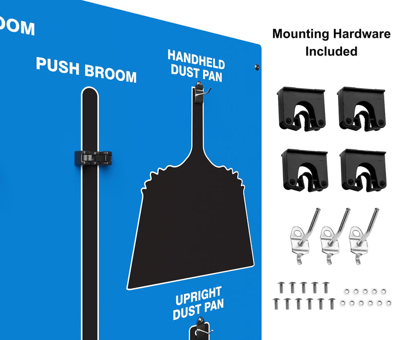 Clean & Sweep 5S Shadow Board/Wall Mount Broom Holder, 68" x 30" Board, 5S Cleaning Station - with Broom and Dustpan Set Included, Made in The USA by AccuformNMC, Blue/Black, PSB716BUBK Ultra Aluma-Lite