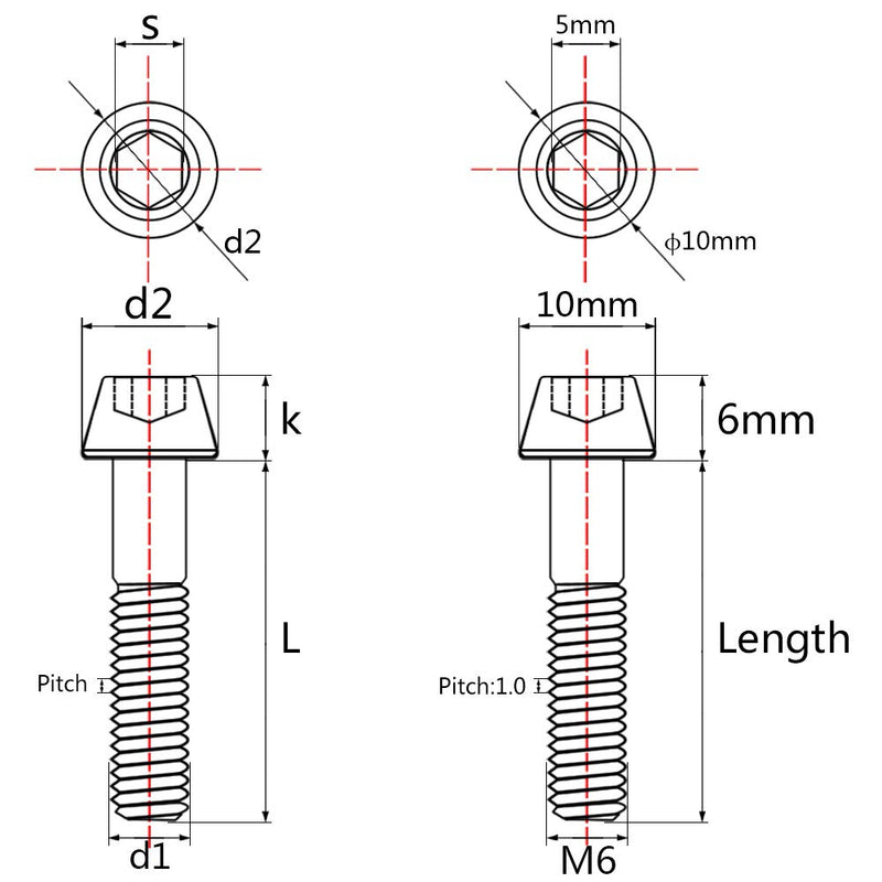 Titanium Ti M6 x 10 16 18 20 25 30 35 40 45 50 55 60 65mm Allen Hex Screw Socket Cap Tapered Bolt Pack of 4 (M6X50mm, Gold) M6X50mm