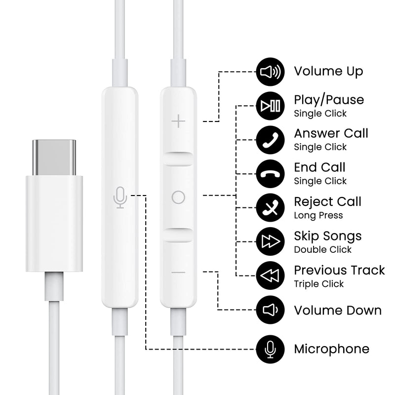 USB C Headphones for iPhone 16 15 Pro Max Plus iPad Pro USB C Earphones with Microphone Volume Control USB C Wired Earbuds USB Type C Earphone for Google Pixel 8 7 6A 5 Samsung S24 S23 S22 S21 S20 A55 White