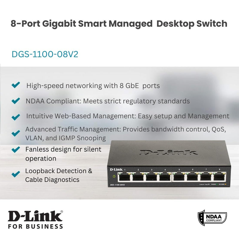 D-Link Ethernet Switch, 8 Port Smart Managed Gigabit Desktop EEE Network Internet (DGS-1100-08V2) Compact 8 Port Gigabit V2