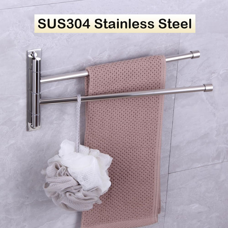 2-Arm Swivel Towel Bar Bathroom Towel Holder Wall-Mounted Swing Out Towel Rack with Hooks Rustproof Polished Finish