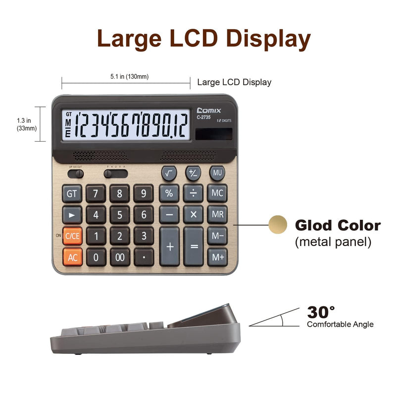 Comix Desktop Calculator, Large Computer Keys, 12 Digits Display, Champaign Gold Color Panel, C-2735, 2-Pack Gold 2Pack