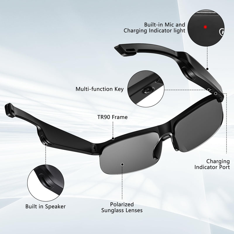 Smart Glasses, Polarized Bluetooth Sunglasses with Speaker, Voice Assistant, Open Ear, UV Protection Outdoor Audio Glass Black Frame-Black Lens-Style2
