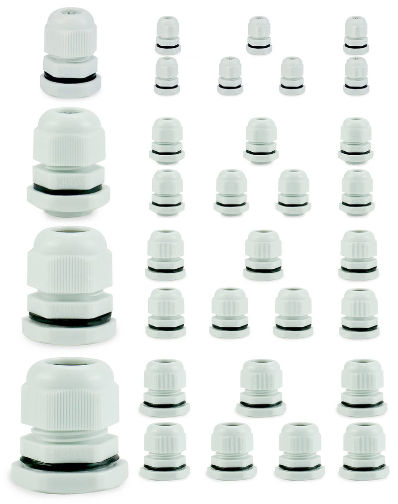 QWORK 32 Pcs Cable Glands, Waterproof Plastic Cable Gland, M12, M16, M20, M25
