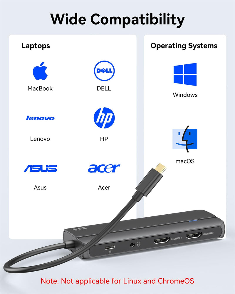 Selore Docking Station for MacBook Pro Air Windows,10 in 1 Dual HDMI Adapter for Mac Pro Air,USB C Hub for MacBook Docking Station Dual Monitor with 2 HDMI,Ethernet,PD,USB C,2 USB A,SD/TF for M1 M2 10 IN 1 MST Docking Station