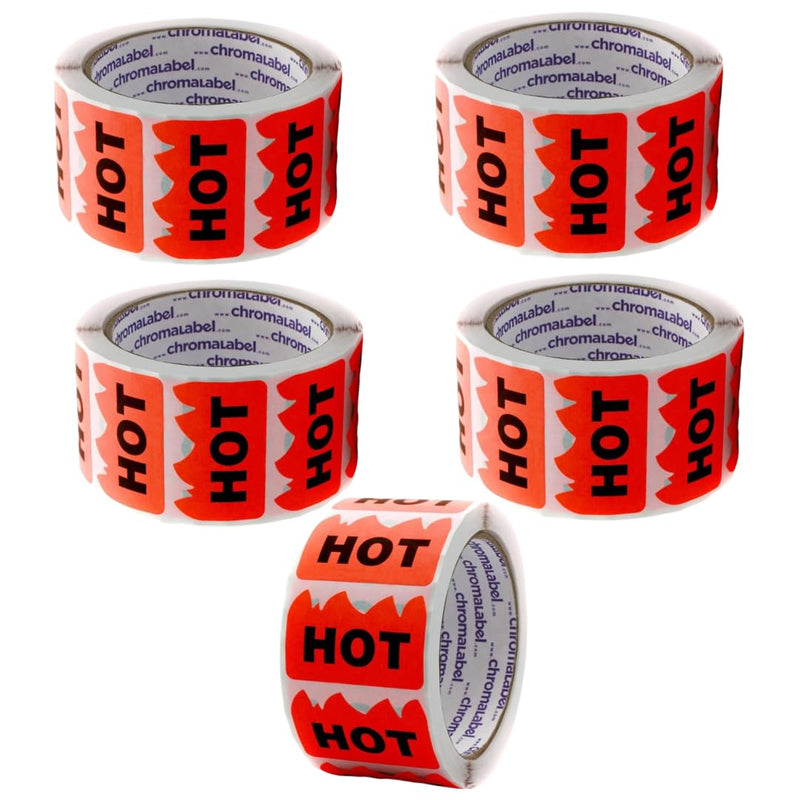 ChromaLabel 2 x 1.25 Inch Fluorescent Red Orange Flame Shaped Sticker, 500 Labels per Roll, Imprinted: Hot - Case of 5