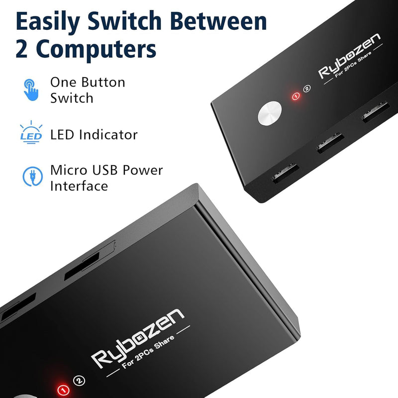 Jancane USB Switch Selector for 2 Computers, USB Switcher Sharing 4 USB 2.0 Devices Peripheral Hub for Mouse Keyboard Scanner Printer with One-Button Swapping and 2 Pack USB A to A Cable