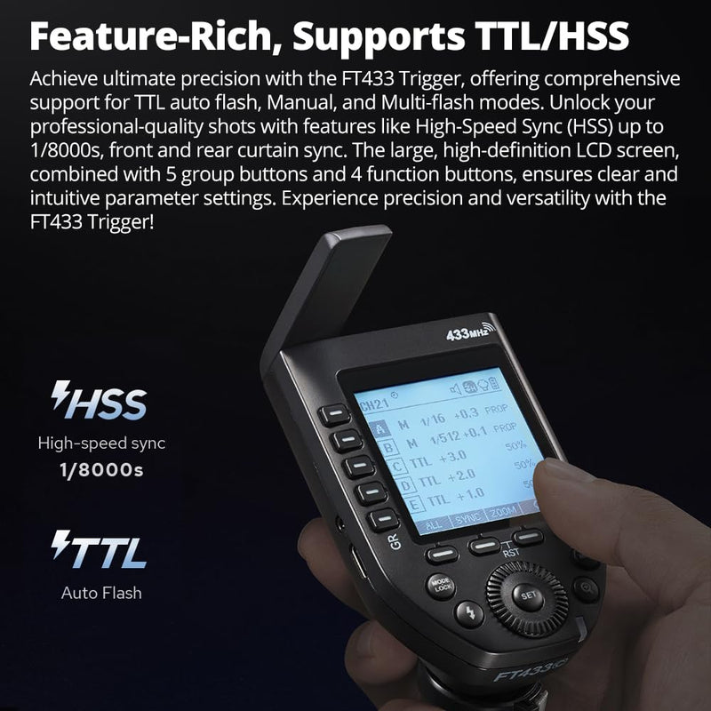 Godox FT433 N FT433-N TTL Wireless Flash Trigger for Nikon Cameras,Built-in Wireless 433MHz,1/8000s,0-100m,LCD Screen,32 Channel,1-99 ID,Front and Rear Curtain Sync