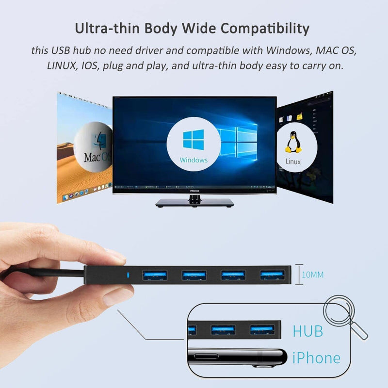 USB Hub, AKWOR 4-Port USB 3.0 Hub USB Splitter USB Expander for Laptop, Xbox, Flash Drive, HDD, Console, Printer, Camera,Keyborad, Mouse-3.3FT USB Hub
