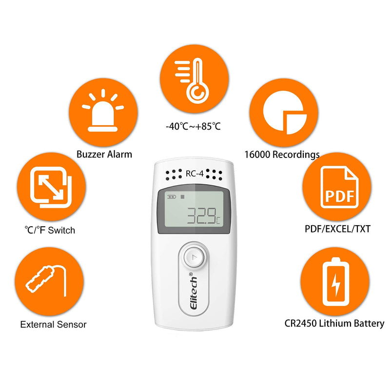 Elitech RC-4 Temperature Data Logger Recorder with External Temperature Sensor, LCD Displays Temperature Data Logger 16000 Data Capacity RC-4 (White)