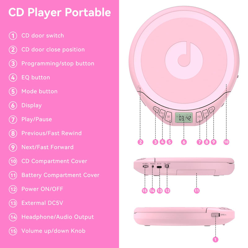 Gueray Portable CD Player with Earphones,CD Discman for Car Home with Anti-Skip Shockproof Protection,Personal CD Music Player with LCD Display Support PROG Memory Function H-01 Pink
