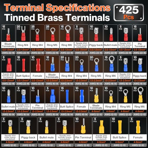 Preciva Crimping Tool for Insulated Terminals Wire Connectors, AWG20-10 Ratchet Crimper with 425 Pcs Insulated Terminals Connectors 425Pcs & 38Sizes