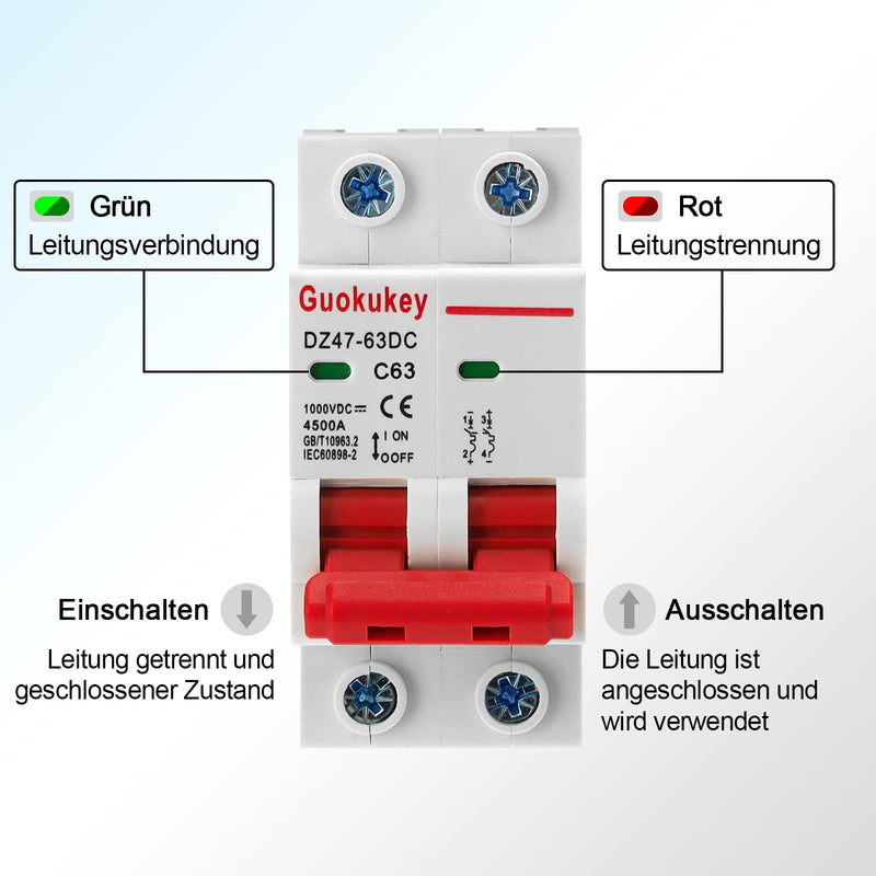 Pack of 2 PV circuit breaker DC 1000V 63A 2-pole DZ47-C63 solar circuit breaker circuit breaker protective air switch circuit breaker for photovoltaic systems