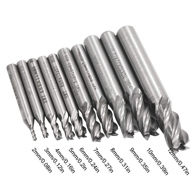 Afunta Drill Bits/End Mill with 4 Flutes 2-12mm (0.08-0.47") High Speed Steel Straight Shank Tool Set for Wood Aluminum Steel Titanium CNC Milling 10pcs