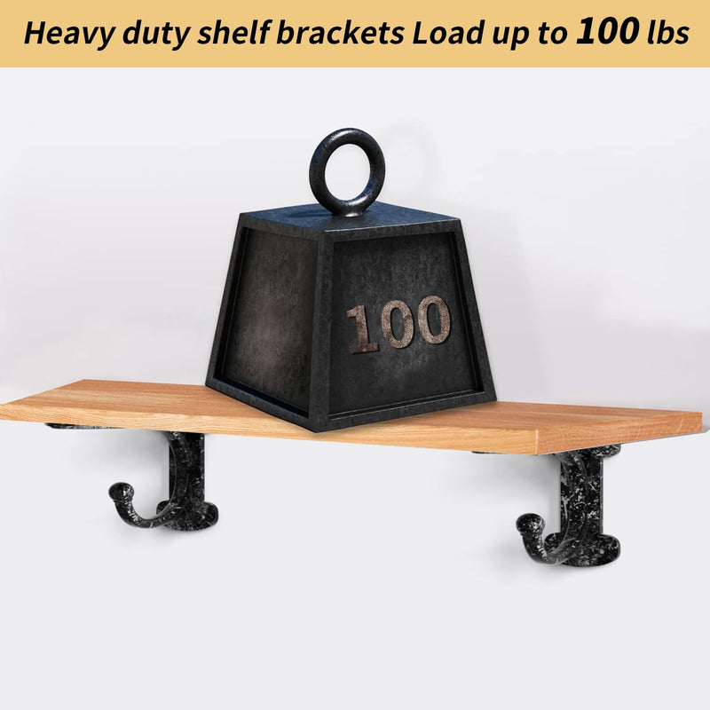 Cast Iron Shelf Brackets 4 Inch, 4 Pack Black Rustic Shelf Brackets with Hooks，Heavy Duty Floating Brackets Wall Mounted, Decorative Brackets for Wood Shelves 4 Pack 4'' Bracket