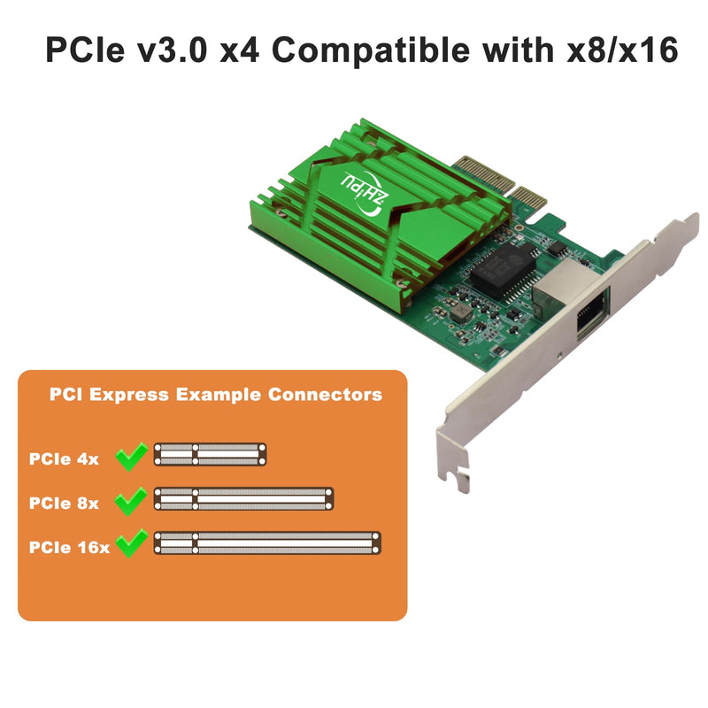 PCIex4 10G RJ45 Ethernet Network Adapter, Single-Port RJ45 NIC Network Card, 10/100/1000M/2.5G/5G/10Gbps Data Rate, Support Windows Server/Windows/Linux/Ubuntu, Green