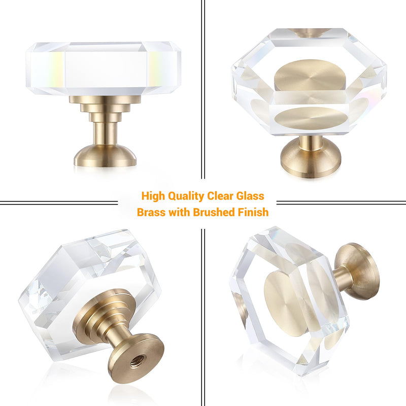 Guank 12-Pack Brass Base Crystal Drawer Knobs, Glass Crystal Gold Cabinet Knobs, 1-5/16-Inch Hexagon, Kitchen Hardware Pulls, Modern Bathroom Hardware Knob 12 Pack hexagonal-1.2inch
