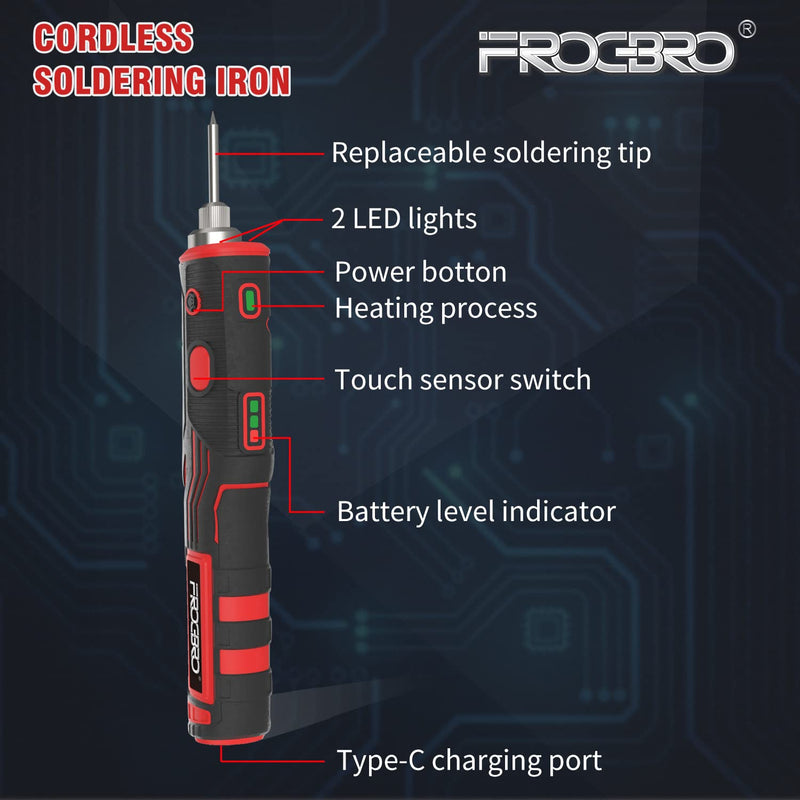 FrogBro Portable Battery Soldering Iron Improved 11Watt LD006A-Pro 2500mAh Max 520°C, High Capacity and Fast Heating, Professional Safe Wireless Soldering Kit, Suitable for Beginners and Professionals Improved Ld006a-pro