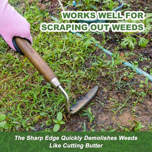 Haliaeetus Gardening Sickle Hoe, 14.6'' Small Hand Rake for Tight Areas, 9 Tines Stainless Steel Garden Rake with Ergonomic Wood Handle for Clearing Leaves and Loose Debris in Flower Bed
