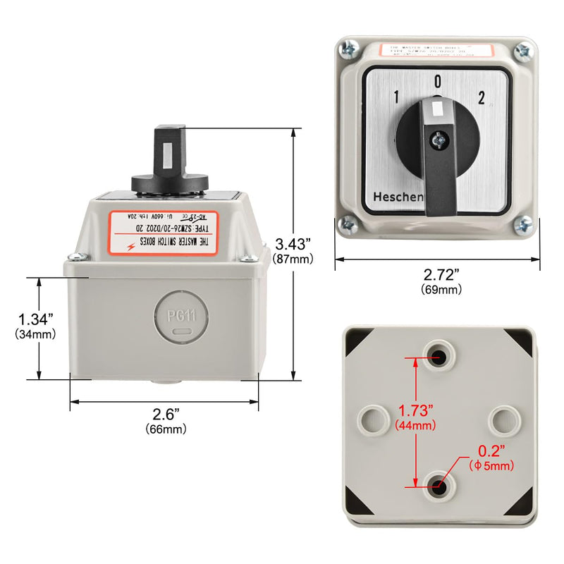 Heschen universal rotary switch, SZW26-20/D202.2D, 660V 20A, ON-OFF-ON 3 positions, 2 phases, 8 terminals, with main switch external box (standard box) standard box