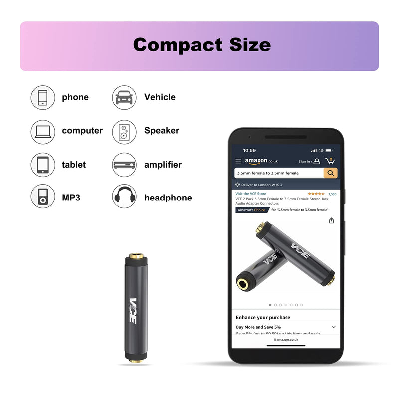 VCE 3.5mm Female to Female Adapter, Gold Plated 1/8 Inch Female to Female Aux Adapter for 3.5mm Audio Cable Extension, 2 Pack, Metal Shielded Housing