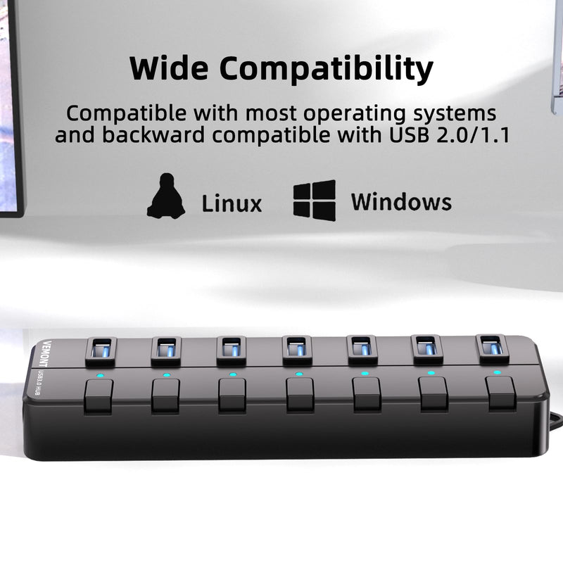 VEMONT 7-Port USB 3.0 Hub (Equipped with a 4-Foot Data Cable, Individual Switch, and Indicator Light, it Supports Data Transfer speeds of up to 5Gbps) Suitable for Desktop Computers and laptops.