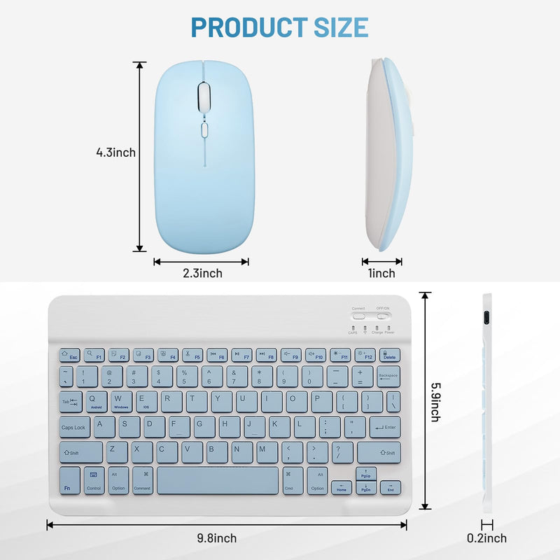 Bluetooth Keyboard and Mouse Combo Rechargeable Portable Wireless Keyboard Mouse Set for Apple iPad iPhone iOS 13 and above Samsung Tablet Phone Smartphone Android Windows (10 inch Blue)
