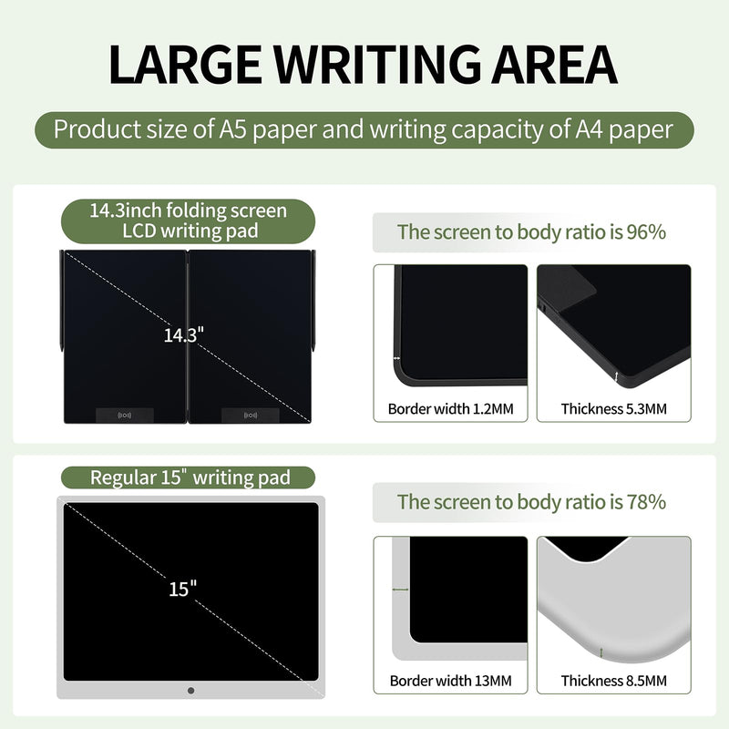 LCD Writing Tablet for Adults: 14.3 Inch Fold Full Screen Drawing Tablet Reusable Erasable Digital Notepad for Gift Birthday