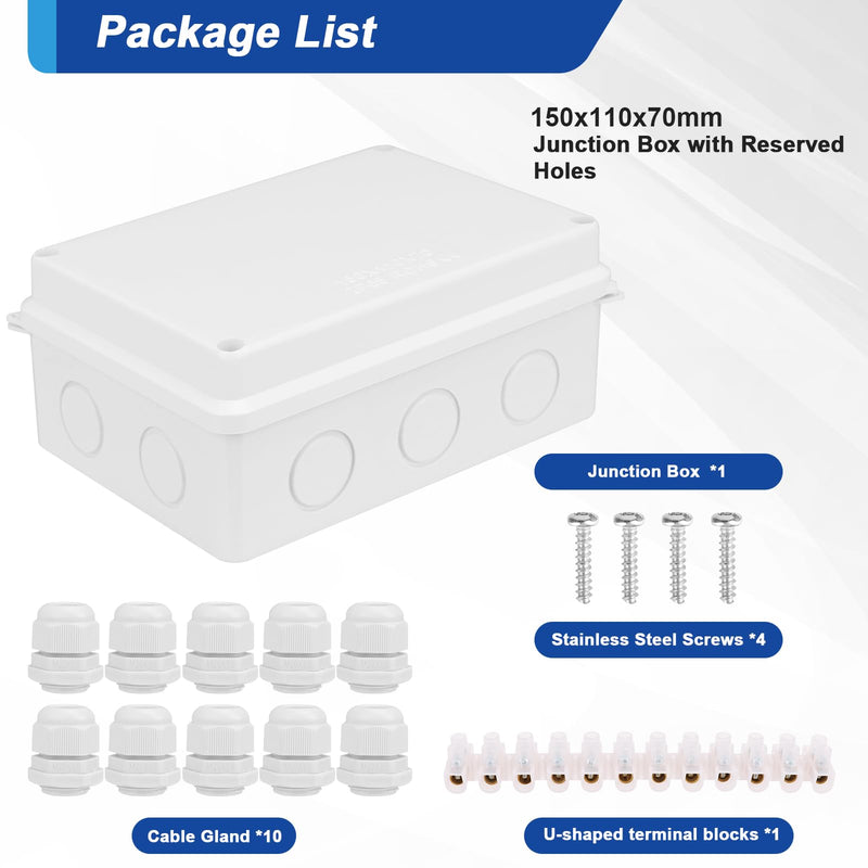 Junction box waterproof IP65, junction box surface-mounted, distribution box, outdoor distribution box, electrical project boxes, ABS cable junction box for electrical junction box control 150 x 110 x 70 mm 150 x 110 x 70 mm M20 plug