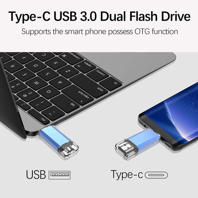 KOOTION 256GB USB C Flash Drive Dual USB 3.0 + Type C Thumb Drive OTG Jump Drive 2 in 1 Memory Stick for Smartphone/Laptop/Tablet/iPhone 15 - Blue