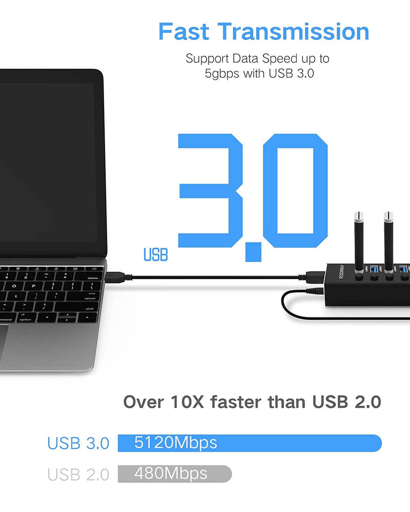 USB Hub 3.0 Powered Rosonway Aluminum 7 Ports USB 3.0 Data Hub Splitter with 24W (12V/2A) Power Adapter and Individual On/Off Switches USB Port Expander for PC and Laptop (RSH-A37S) 7-Port Powered USB 3.0 Hub