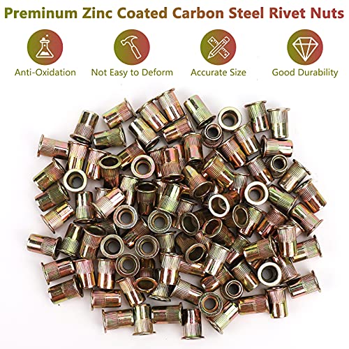 100pcs Carbon Steel 5/16'' Rivet Nut, 5/16''-18UNC Flat Head Rivnut Threaded Insert Nuts Set, Rivnut Inserts for Automotive, Furniture, Decoration (Yellow Zinc Plated Finish) (Pack of 2) 5/16"-18 (Pack of 2)