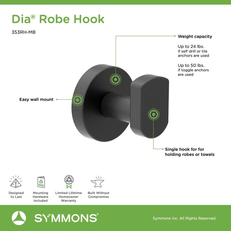 Symmons 353RH-MB Dia Wall-Mounted Robe Hook in Matte Black