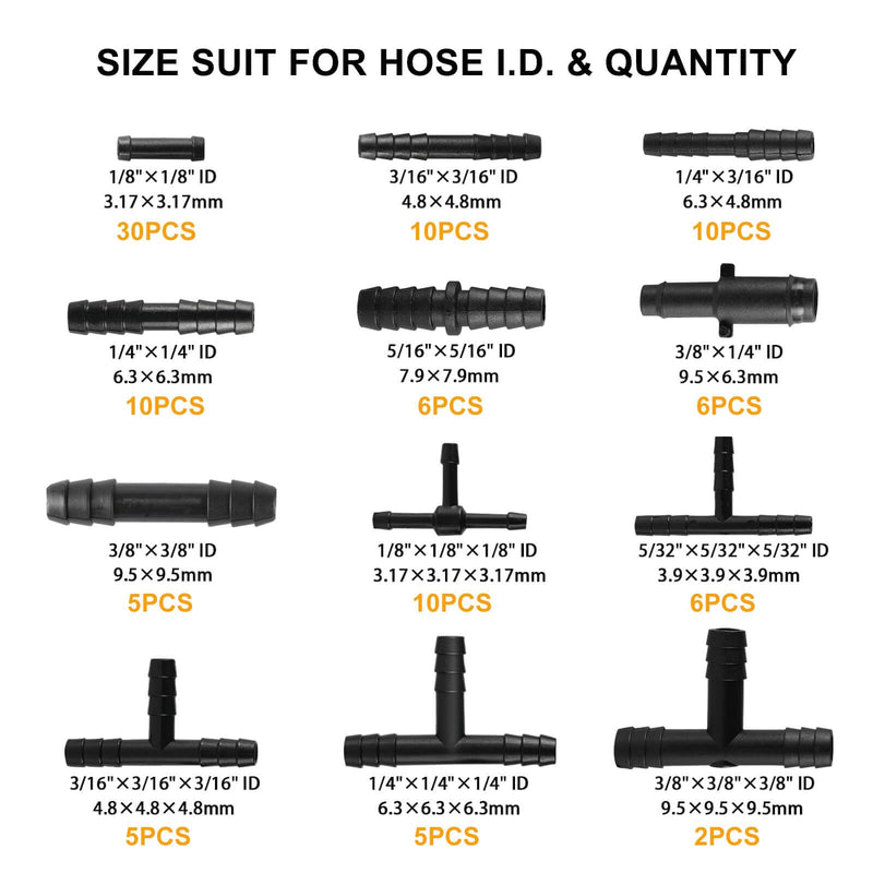 105PCS Automotive Vacuum Connector Assortment, 1/8" 3/16" 1/4" 5/16" 3/8" Vacuum Connector, Automotive Vacuum Tubing Connector, Vacuum Tee Connector, Vacuum Straight Connector